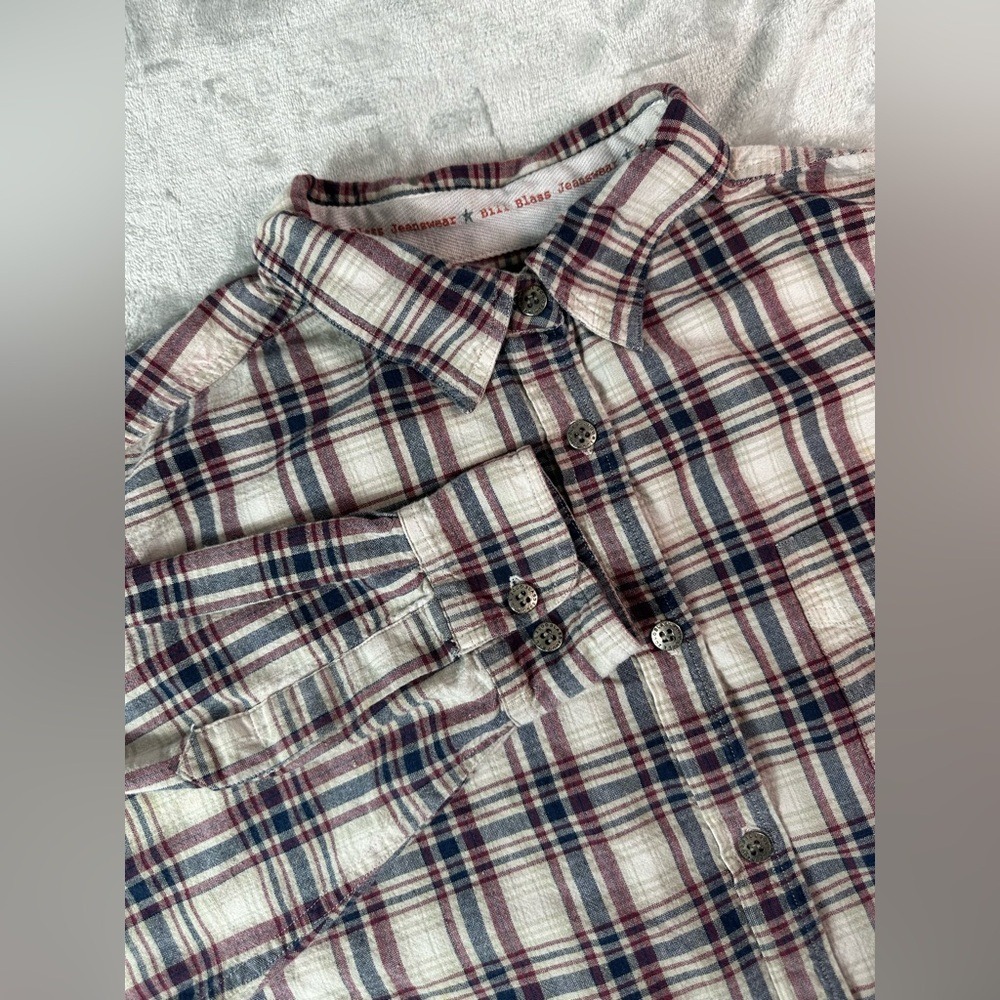 VINTAGE Bill Blass Jeans Shirt Mens XL Cream Burgundy Navy Plaid Button Down 90s